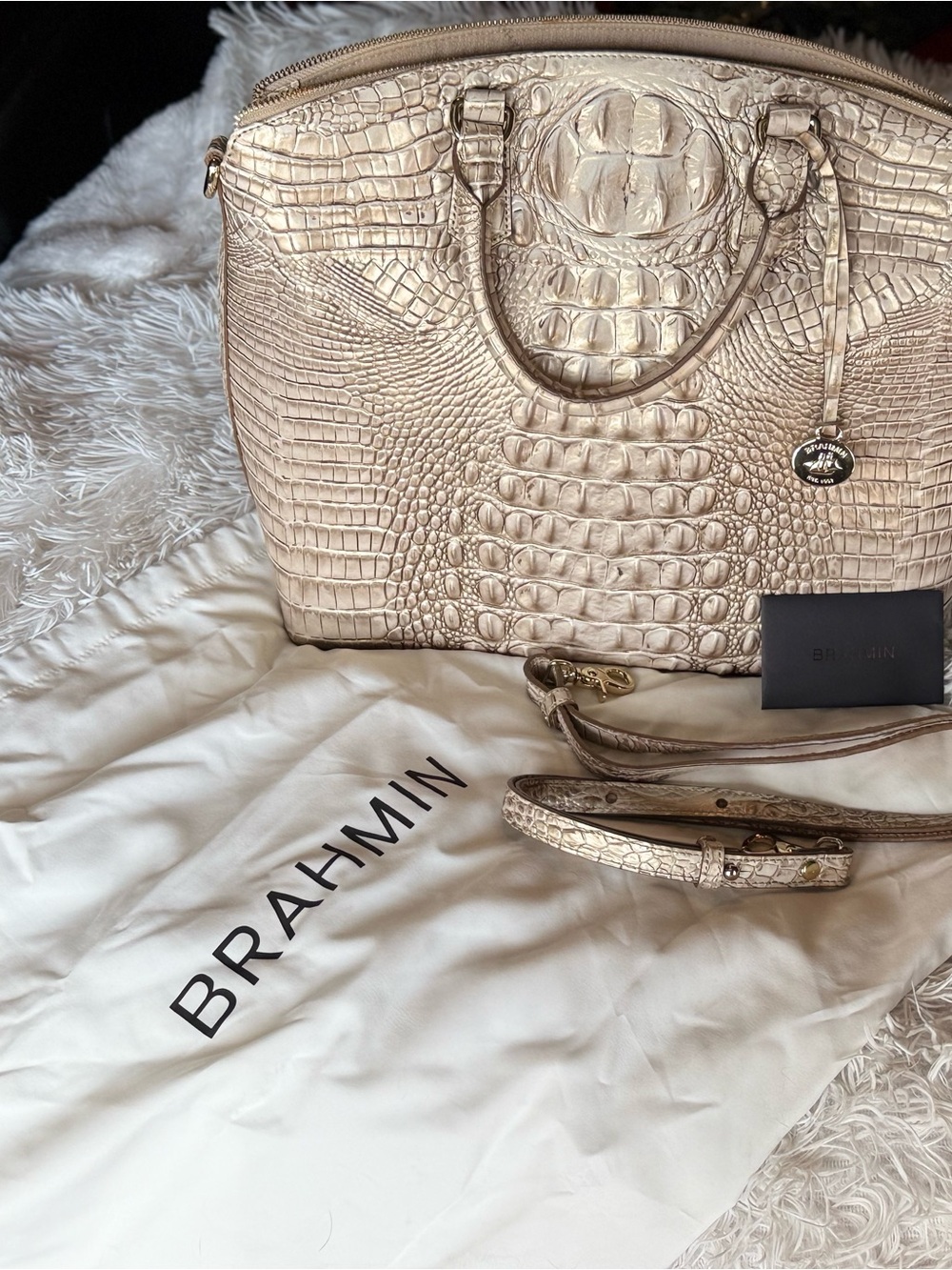 Brahmin Metallic Croc-Embossed Satchel in Champagne Gold